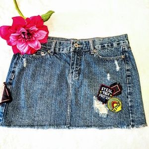 vanilla star cut off distressed jean skirt patches